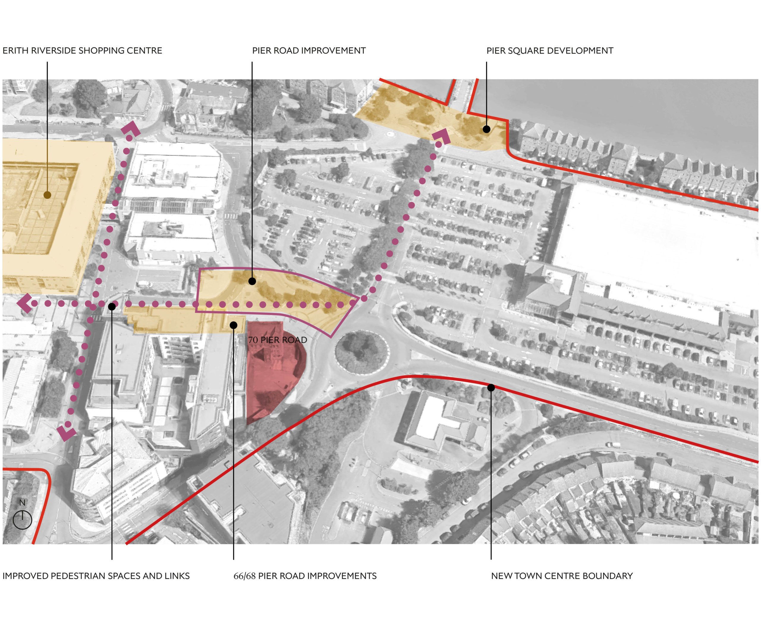 Map of Erith town centre showing the locations of current Erith regeneration projects