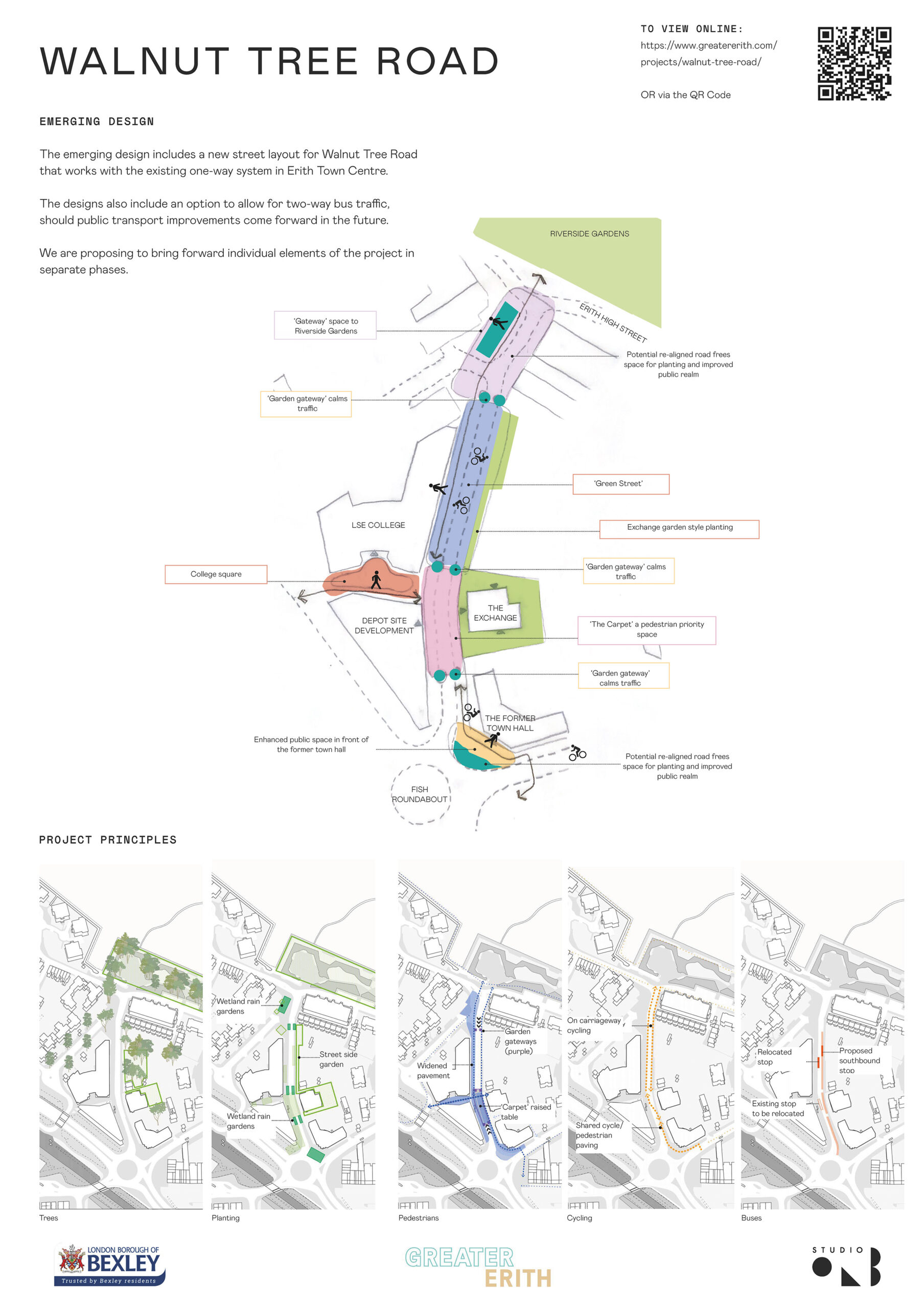 Drawing of emerging design for Walnut Tree Road with smaller diagrams describing the project principles